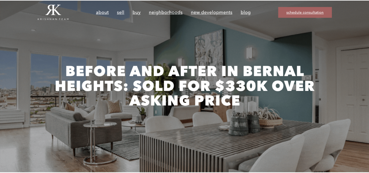 Screenshot of a real estate agency's website that utilizes visual real estate content marketing to sell their services